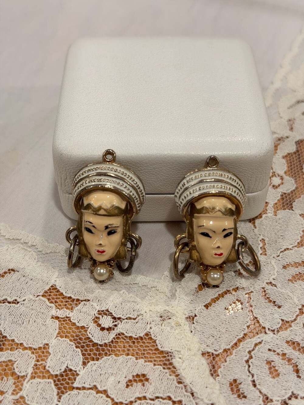 Vintage Figural Geisha Face Earring Charms with Faux Pearl